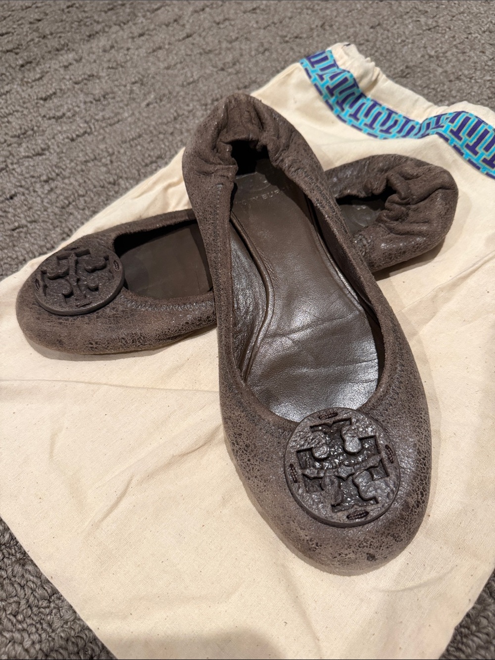 Tory Burch Dark Brown Reva Logo Leather Flats